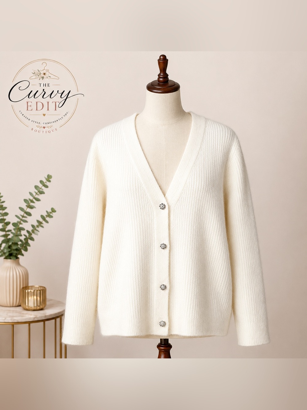 LOFT XL Ivory Rhinestone Button Cardigan Sweater Soft Knit Classic Elevated